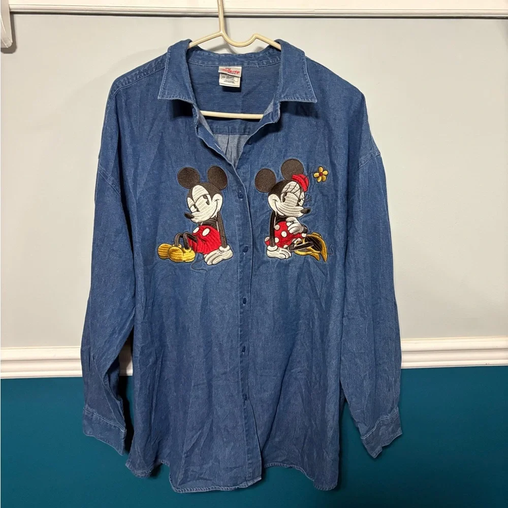 Disney Women's Blue Denim Shirt with Mickey and Minnie Embroidery XXL - Picture 6 of 10